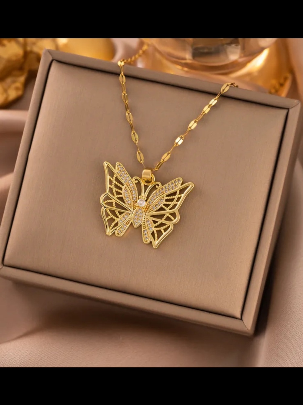 Gold Butterfly Pendant Necklace with Crystal Accents